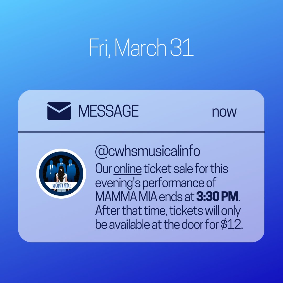 Conrad Weiser Theatre Company (@cwtheatrecoinfo) on Twitter photo 𝐎𝐔𝐑 𝐎𝐍𝐋𝐈𝐍𝐄 𝐓𝐈𝐂𝐊𝐄𝐓 𝐒𝐀𝐋𝐄 𝐅𝐎𝐑 𝐓𝐎𝐍𝐈𝐆𝐇𝐓'𝐒 𝐏𝐄𝐑𝐅𝐎𝐑𝐌𝐀𝐍𝐂𝐄 𝐎𝐅 𝐌𝐀𝐌𝐌𝐀 𝐌𝐈𝐀 𝐄𝐍𝐃𝐒 𝐀𝐓 𝟑:𝟑𝟎 𝐏𝐌! If you still need tickets after 3:30 PM, they'll ONLY be available at the door for $12! BUY NOW! 👉ShowTix4U.com/events/CWHSMUS… <a href="/ConradWeiserHS/">Conrad Weiser High School</a> 𝐎𝐔𝐑 𝐎𝐍𝐋𝐈𝐍𝐄 𝐓𝐈𝐂𝐊𝐄𝐓 𝐒𝐀𝐋𝐄 𝐅𝐎𝐑 𝐓𝐎𝐍𝐈𝐆𝐇𝐓'𝐒 𝐏𝐄𝐑𝐅𝐎𝐑𝐌𝐀𝐍𝐂𝐄 𝐎𝐅 𝐌𝐀𝐌𝐌𝐀 𝐌𝐈𝐀 𝐄𝐍𝐃𝐒 𝐀𝐓 𝟑:𝟑𝟎 𝐏𝐌! If you still need tickets after 3:30 PM, they'll ONLY be available at the door for $12! BUY NOW! 👉ShowTix4U.com/events/CWHSMUS… <a href="/ConradWeiserHS/">Conrad Weiser High School</a>