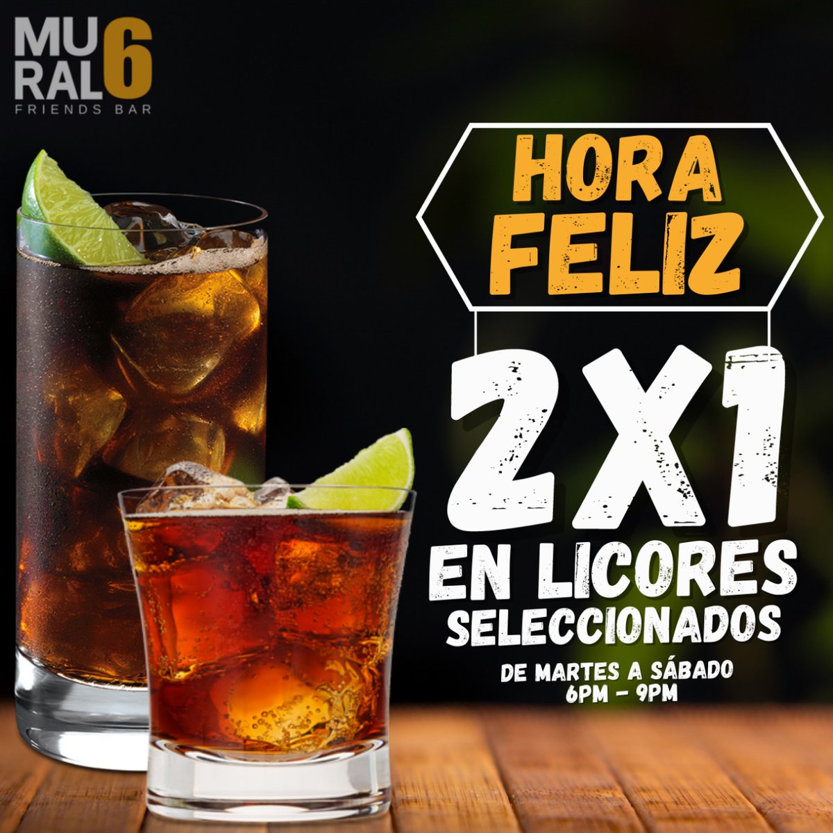 MuralSeis's tweet photo. Hoy y todos los días #2x1 de 6 a 9 en bebidas seleccionadas en #Mural6 vente. https://t.co/d4OoP8wiIH