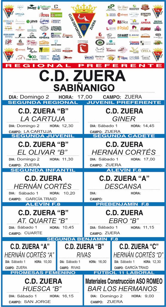 Buenas tardes futboler@s, estos son los partidos de este fin de semana, os esperamos!!!
Aupa Zuera!!