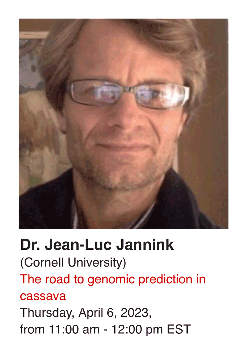 NC State Plant Breeding Consortium (@ncplantbreeding) on Twitter photo Join #NCState International Plant Breeding Seminar Series for <a href="/CornellCALS/">Cornell CALS</a> Dr. Jean-Luc Jannink's (<a href="/JeanLucQntPltBr/">Jean-Luc Jannink</a>) virtual presentation, "The road to genomic prediction in #cassava" on Thursday (4/6) from 11 am - 12 pm EST.
Register for details: go.ncsu.edu/pbc-register Join #NCState International Plant Breeding Seminar Series for <a href="/CornellCALS/">Cornell CALS</a> Dr. Jean-Luc Jannink's (<a href="/JeanLucQntPltBr/">Jean-Luc Jannink</a>) virtual presentation, "The road to genomic prediction in #cassava" on Thursday (4/6) from 11 am - 12 pm EST.
Register for details: go.ncsu.edu/pbc-register