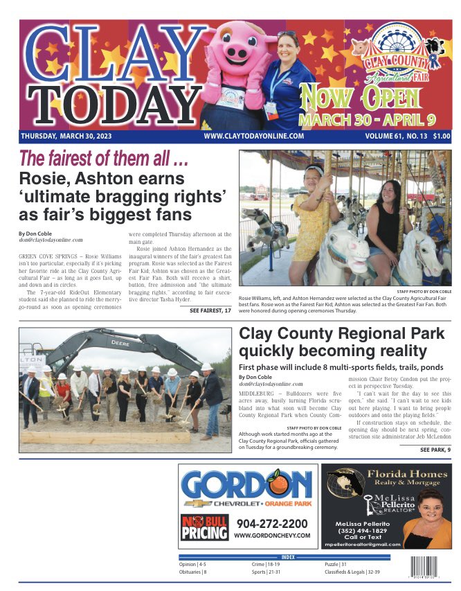 ClayTodayOMG's tweet photo. 📰📰Pick up your copy of the March 30 edition of the Clay Today 🔥off the press! On this week’s cover, the forthcoming of the Clay County Regional Park and the biggest County Fair fans with the ultimate bragging rights. 📰📰

#ClayToday
#ClayCounty
#OsteenMediaGroup
#LocalSource https://t.co/NxqZKVvHdU