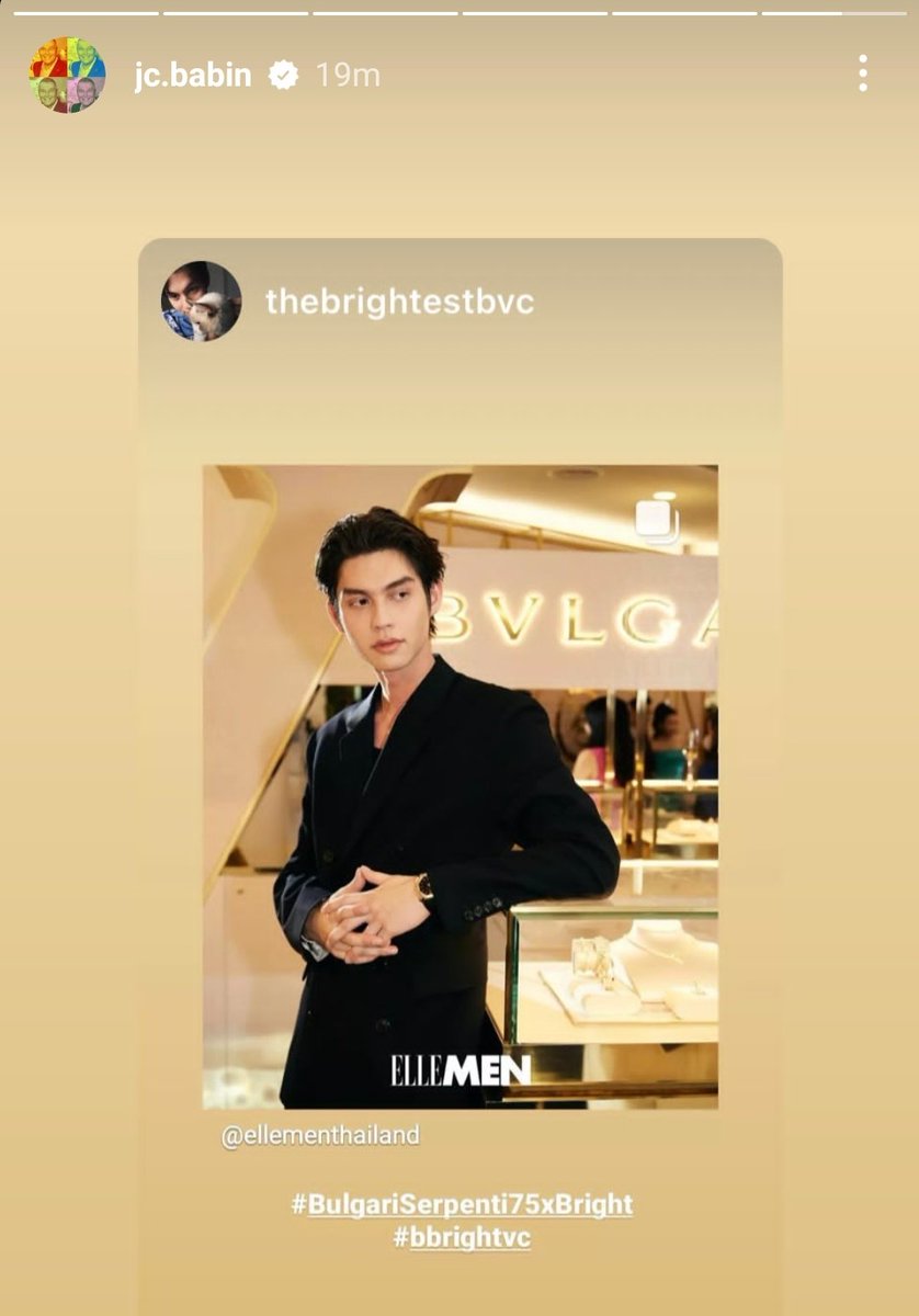 CEO of Bulgari posted Bright's photo on IGs. 

IG jc.babin 🔗
instagram.com/stories/jc.bab…

#BulgariSerpenti75xBright  #BulgariSerpenti75  @Bulgariofficial
#Bulgari #Bulgarithailand  
#bbrightvc @bbrightvc