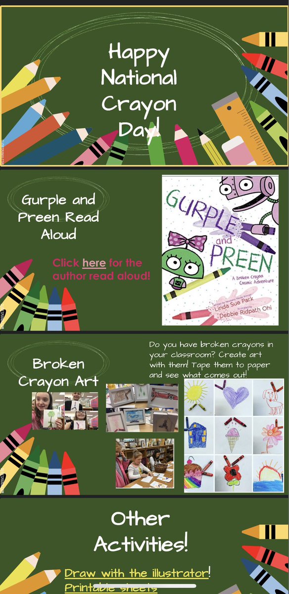 We are celebrating #NationalCrayonDay with @inkyelbows and @LindaSuePark here @FiskeSchool ! Looking forward to enjoy the story and seeing all the creations! #gurpleandpreen @LPSLiteracyK5