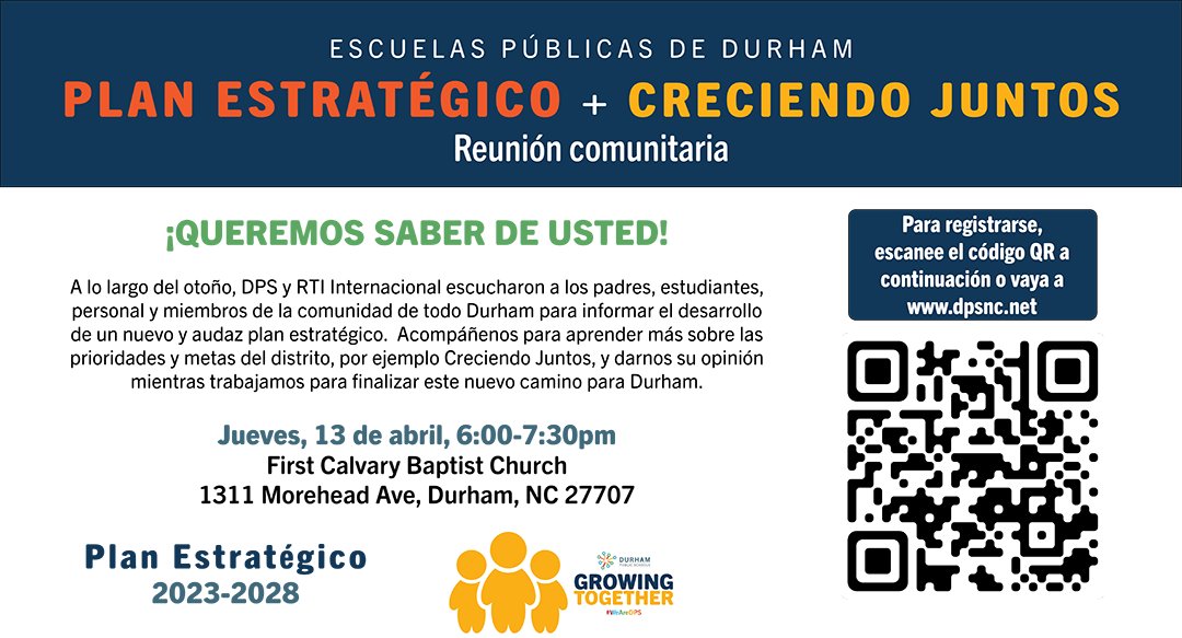 DurhamPublicSch's tweet photo. #DPSCommunity | We want to hear from YOU! Join us for our Growing Together Community Town Hall to discuss the development of our new Strategic Plan and our district's priorities and goals, including Growing Together. Click here to register: https://t.co/44Bh2ooh8T https://t.co/lgrtwgd5Ap