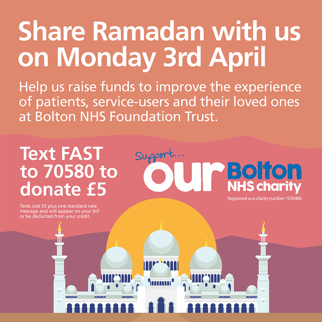 #ShareRamadan is back on Monday 3 April  
We’re inviting <a href="/boltonnhsft/">Bolton NHS Foundation Trust</a> colleagues and our #Bolton community to take part in celebrating and creating awareness of #Ramadan in unison with Muslim staff, patients and service-users while raising vital funds for #OurBoltonNHSCharity