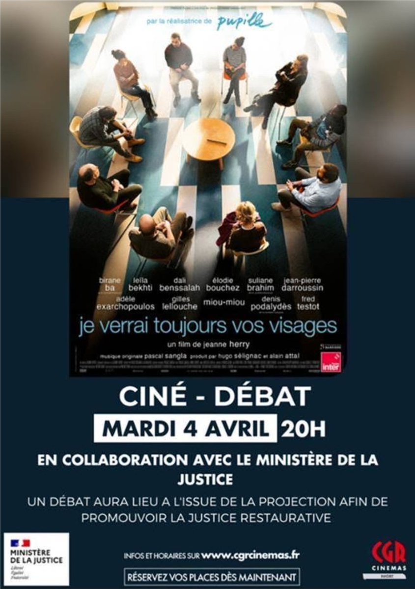 Le tribunal judiciaire de Niort, en lien avec le SPIP, la PJJ et France Victimes 79, organise 1 soirée ciné débat sur la justice restaurative à l'occasion de la sortie du film "Je verrai toujours vos visages" mardi 4 avril 2023 à 20h au CGR de Niort.