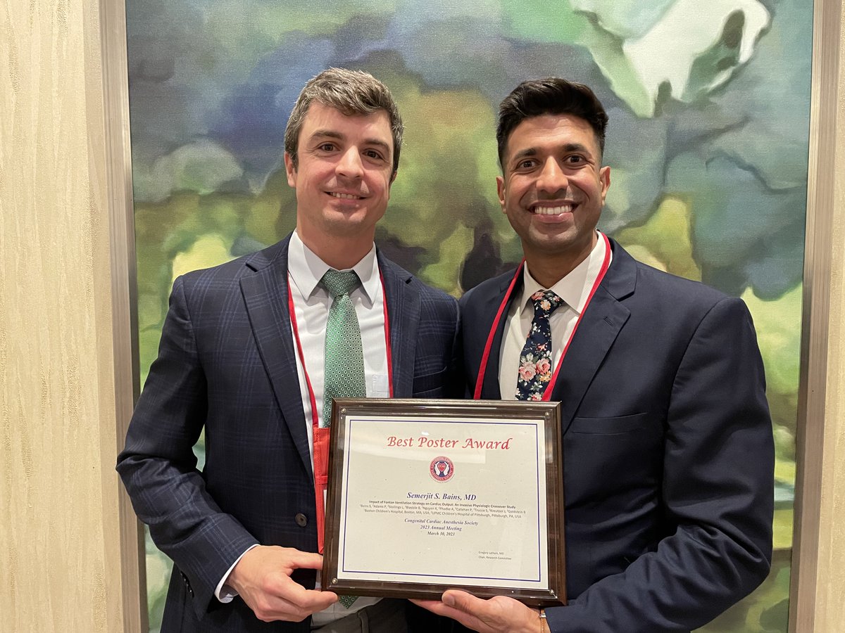 PittAnes's tweet photo. Congrats to our alum Dr. Simer Bains (right) and his mentor and study PI Dr. Phil Adams (left), who received a "Best Poster" award at #CCAS2023! Their abstract was selected as one of only five to be delivered as an oral presentation. https://t.co/VOgPB8X0gx @PedsCardiacAnes https://t.co/UYuvtN3vcZ