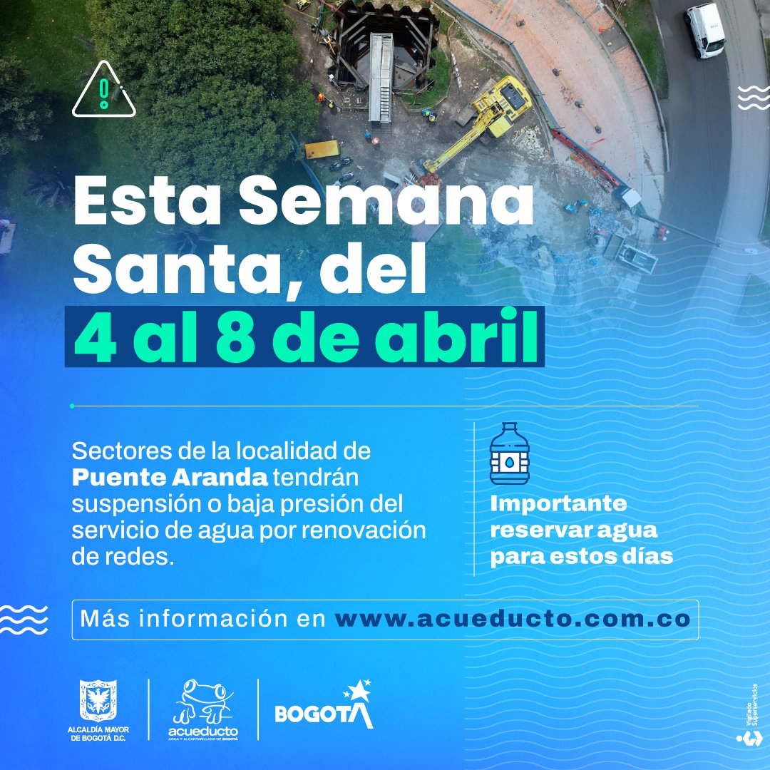 Bogota's tweet image. 🚨 #ATENCIÓN: 

Sectores de #PuenteAranda tendrán #CortesDeAgua🚱 alternados y baja presión en Semana Santa por instalación de redes en la tubería de Tibitoc - Casablanca. 👇

El operativo se realizará desde el 🗓️ 4 hasta el 8 de abril🗓️ 
bogota.gov.co/mi-ciudad/habi…