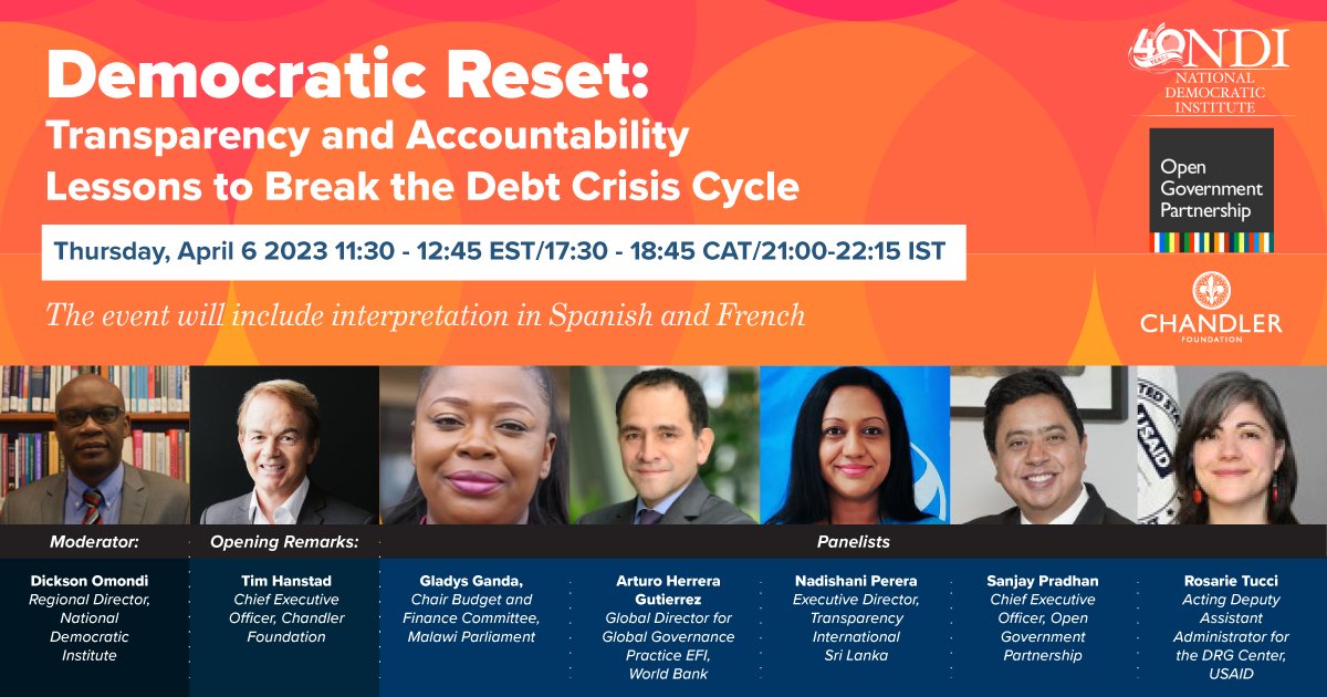 Global #debt is at record levels📈– the highest in 50 years and triple 2008 levels. Join @NDI/@NDIgov/@opengovpart/@ChandlerFdn's webinar on the need for a democratic reset through #transparency & #accountability. ⏰April 6, 11:30AM ET ✅Register: bit.ly/3ndKGEe