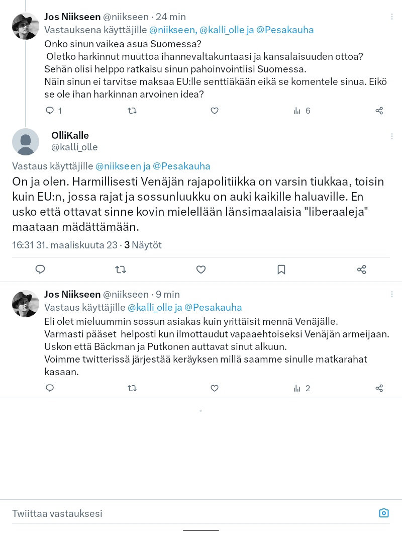 niikseen's tweet photo. Pitäisikö meidän auttaa OlliKallea?
Hänellä on täällä vaikeaa ja lähtisi mielellään Venäjälle.
Ottaisi mahdollisesti kansalaisuuden.
Nyt apuja hänelle.
#Hyväntekeväisyys #Venäjä #Putkonen #Bäckman https://t.co/giH09v7YHJ