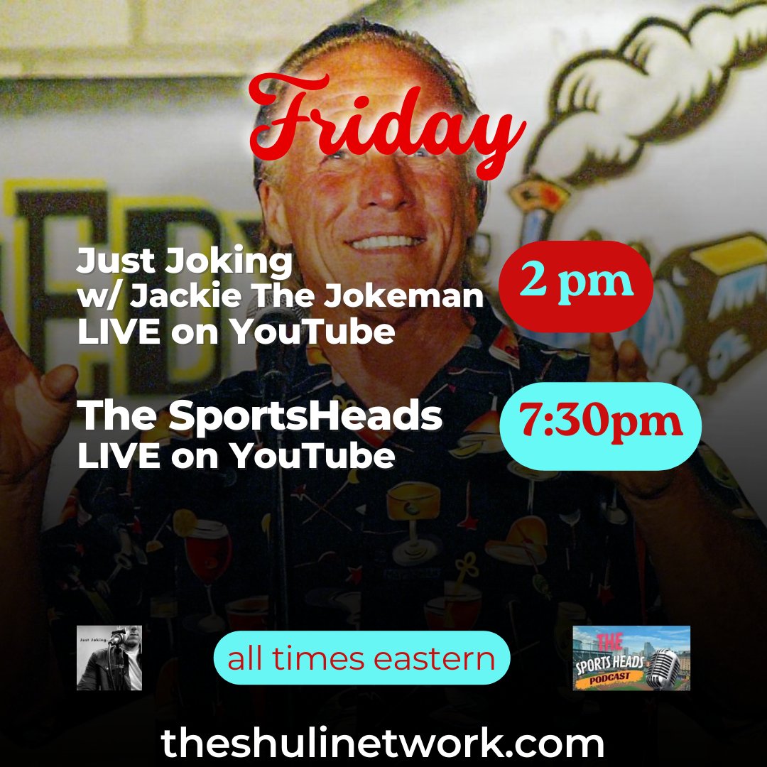 Today on The Shuli Network: Just Joking with SPECIAL GUEST @JackieMartling LIVE on YouTube @ 2pm est. The SportsHeads with the great @1BobStuff1 LIVE @ 7:30pm est. @shalomshuli @levy_sir @mikemorsesays @KevinDombrowski #comedy #podcast #podcasts #jackiethejokeman