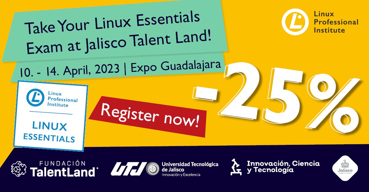 LPIConnect's tweet photo. Join #LPI at #JaliscoTalentLand, Mexico, April 10 - 14th, and take part in a #LinuxEssentials workshop with Spanish Learning Materials! Many thanks to @talentrepublic_ for sponsoring this great opportunity to certify professionals in #FOSS.

Learn more: https://t.co/FajMWCnYT9 https://t.co/Lt2g1WD04I