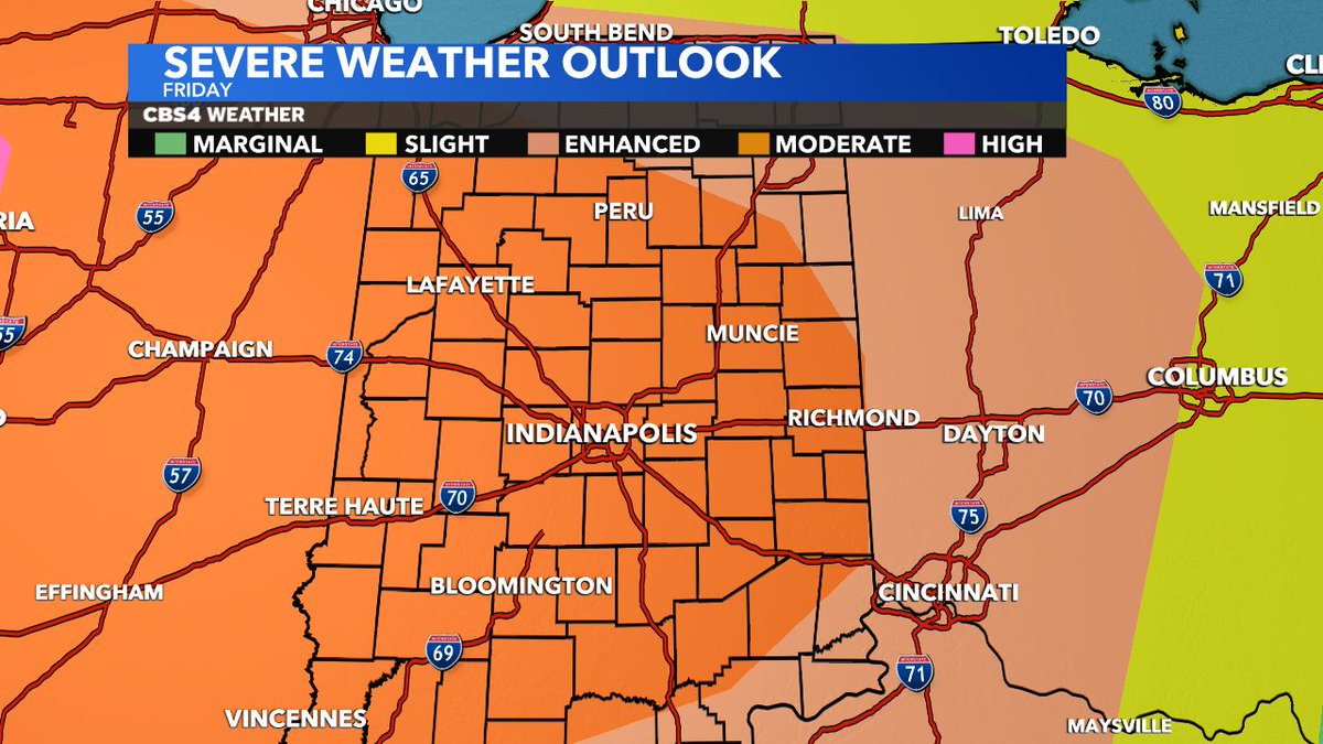 KristaMcEnany's tweet photo. Central Indiana has been UPGRADED to a MODERATE RISK (level 4 of 5) for severe storms tonight. A "High Risk" has been issued for parts of MS, AR, TN, MO, IL, &amp; IA. 

#INwx @CBS4Indy @theWXauthority https://t.co/nBJsmqpirL