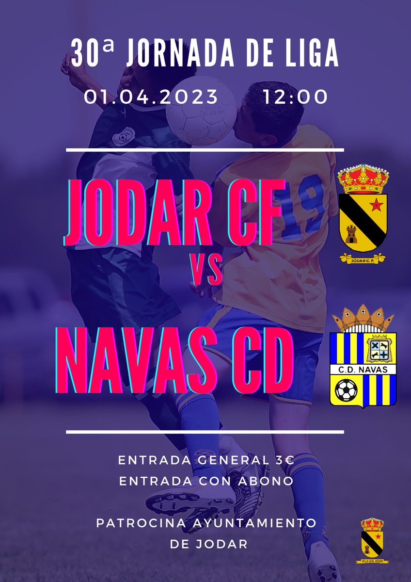 Partidazo este sábado antes de comenzar la Semana Santa .
Te lo vas a perder?? Que no te lo cuenten.
Sábado a las 12:00 JODAR CF- NAVAS CD