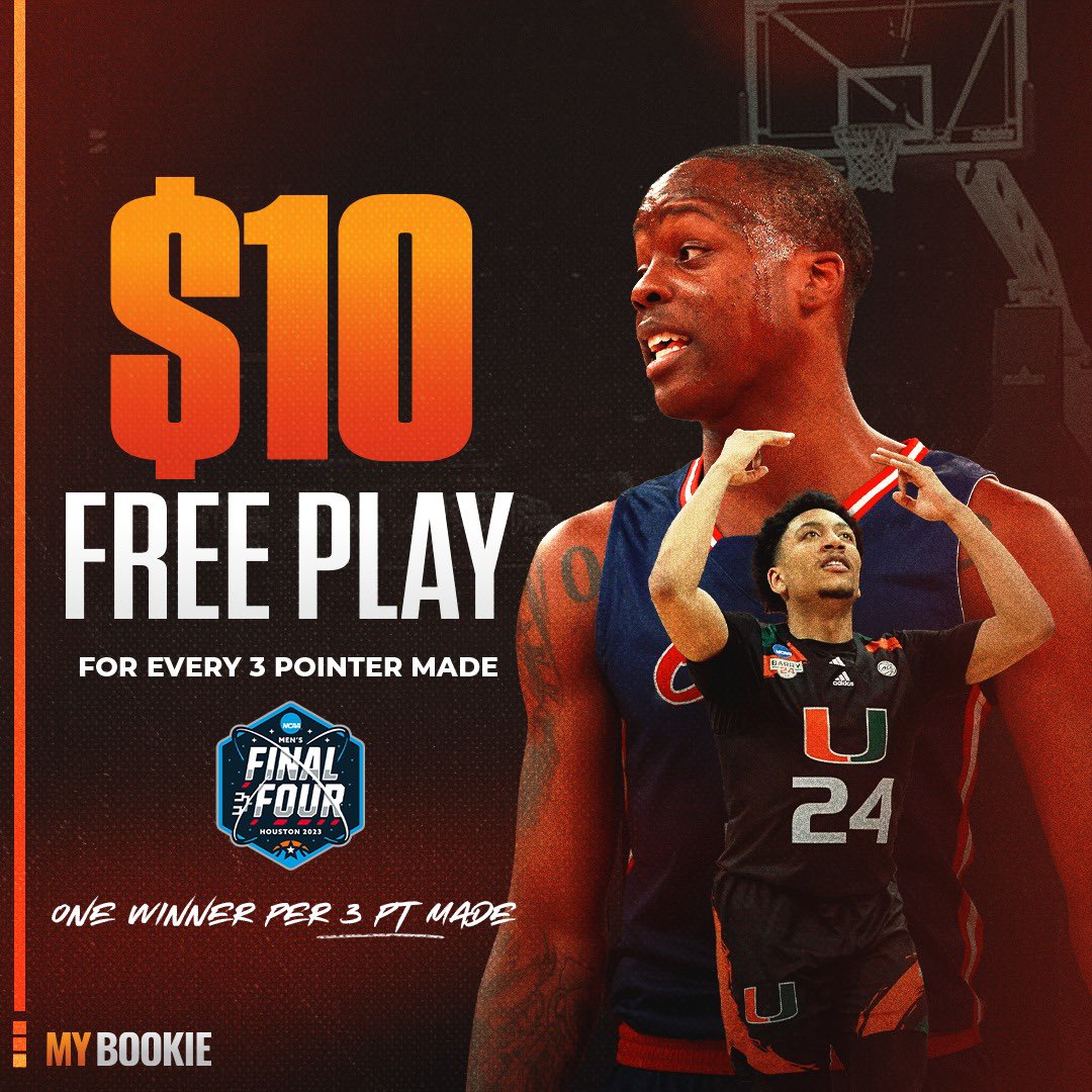 MyBookie's tweet image. 🚨🚨 FINAL FOUR FREE PLAY 🚨🚨

Its going to be raining threes this weekend and we want to hook you up with a $10 free play for EVERY 3 pointer that drops.

How to Win ⤵️

1️⃣ LIKE + RT this tweet 🙏🏼
2️⃣ MUST follow us @MyBookie 
3️⃣ Reply with who wins tomorrow night