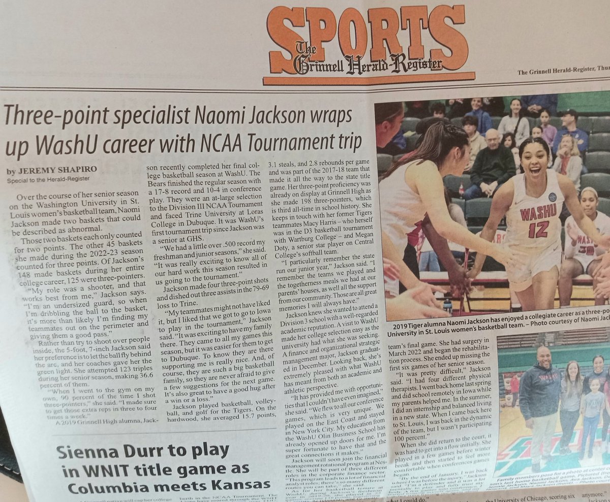 As we enter a massive women's hoops weekend, <a href="/naomijacksonnn/">Naomi Jackson</a> is featured in the latest Grinnell Herald-Register. She discusses her WashU career, coming back from injury,  her 3-point proficiency, and more.