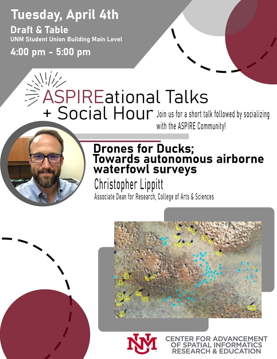 See you at Draft & Table on Tuesday 4/4 @ 4pm for our monthly ASPIREational Talk + Social Hour series! This month's talk will feature research from Chris Lippitt, ASPIRE Director and College of A&S Associate Dean for Research @UNM_GES @unmasresearch