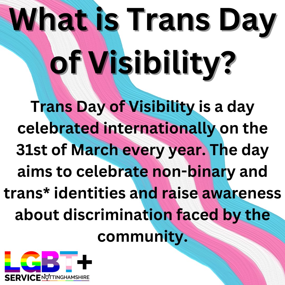 LGBTplusNotts's tweet image. Today is Trans Day of Visibility which is an annual event which aims to make Trans* people more visible within society. Keep an eye out on our social media to hear about what Trans* people want others to know about what Trans Day of Visibility means to them.