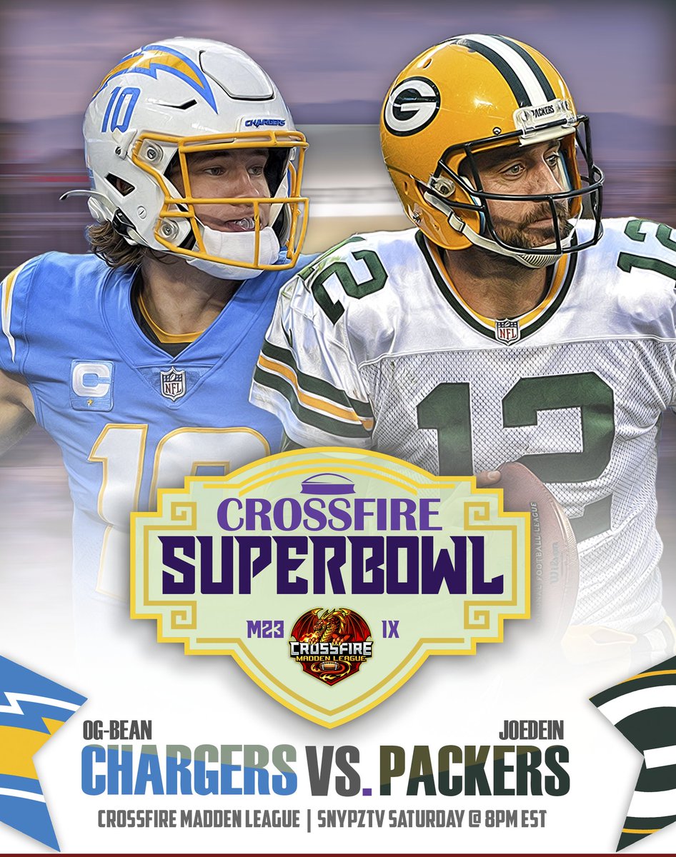 CrossfireLG's tweet image. THE STAGE IS SET! 🏆 
Chargers v Packers. 🔥
Only on @snypztv @ Saturday, 8pm EST! 👀

#FranchiseNation // #Madden23 #leaguecrawler @EAMaddenNFL @NeonSportz @FixCFM