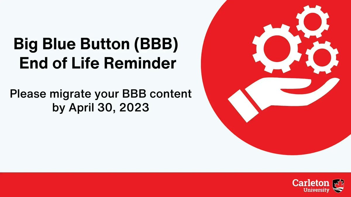 A reminder that Big Blue Button (BBB) end of life is on May 01, 2023. If you are a BigBlueButton user, please migrate any BBB content you wish to save before April 30, 2023. For details and support, please visit the BBB to Zoom Crosswalk page: buff.ly/3U0aTCv