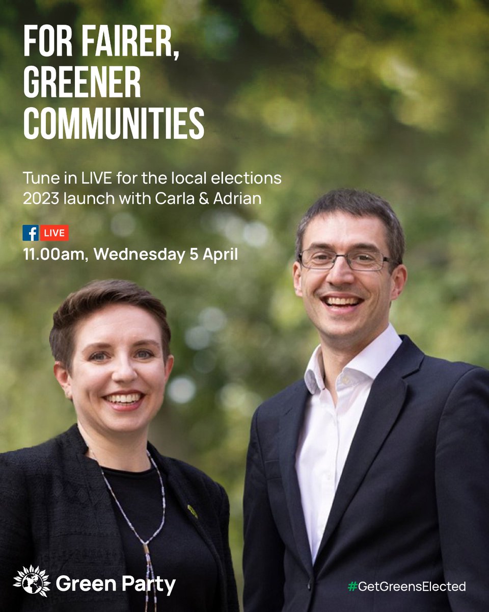 🗳️ Tune into our local election launch, Wednesday 5 April at 11am on Facebook Live.

#GetGreensElected