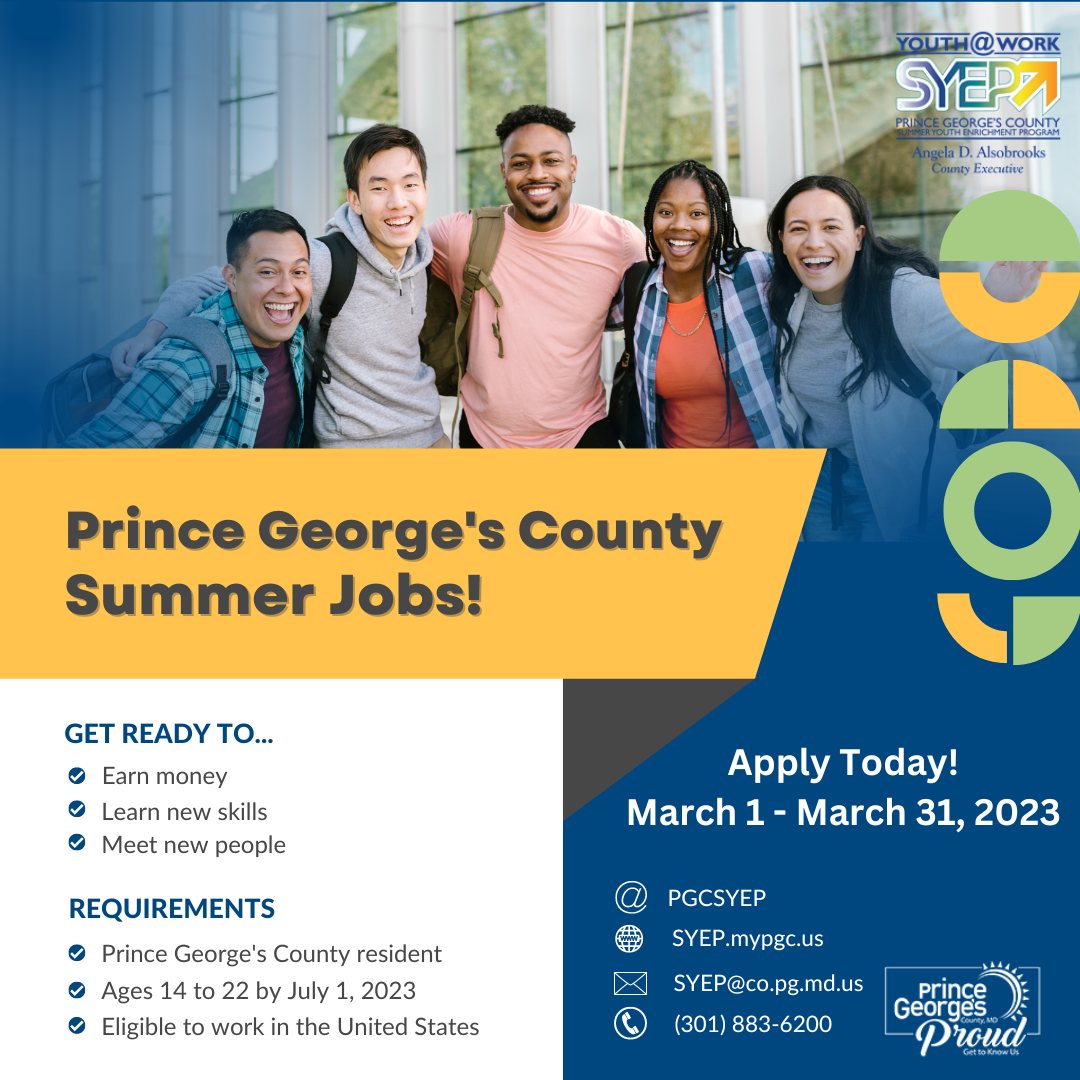 DEADLINE: Today is the final day to apply for the 2023 Summer Youth Enrichment Program! Don’t miss this opportunity to learn new skills, explore a career field, and earn money. Apply today at: syep.mypgc.us 
#PrinceGeorgesProud
