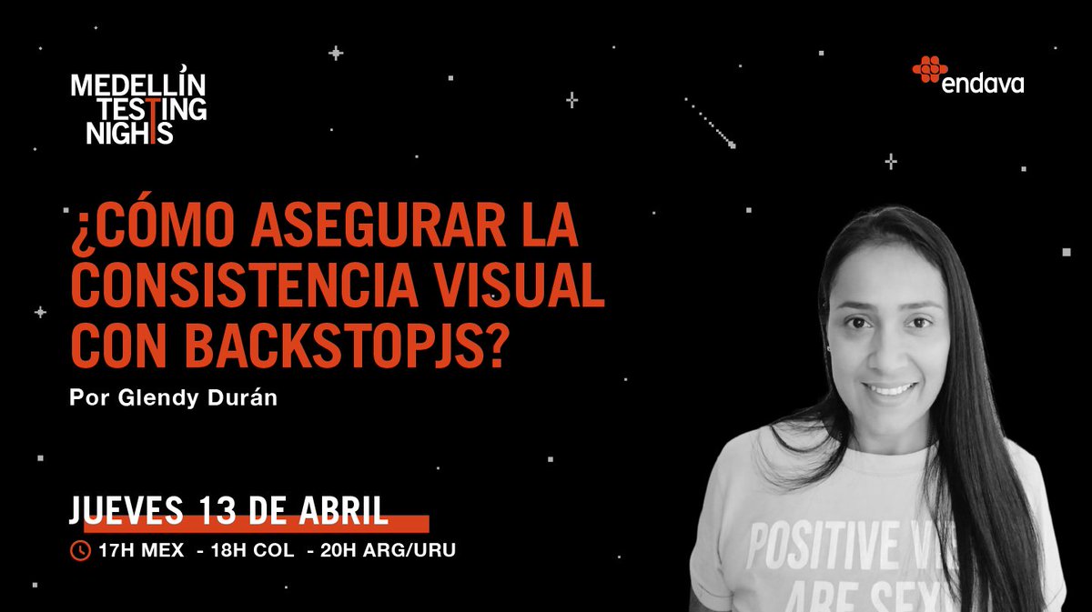 endavalatam's tweet image. ✨Vuelve una nueva edición de #TestingNights junto a Glendy Durán, quién nos explicará cómo asegurar consistencia visual con una librería #Javascript llamada #BackstopJS.
¡Inscríbanse ahora y no se lo pierdan! 🔗endava.typeform.com/to/Eqn260eY
Evento gratuito y virtual✨¡Los esperamos!