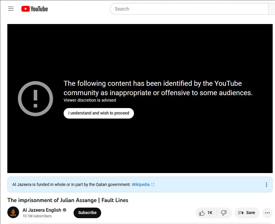 scotthortonshow's tweet photo. Alert!: This documentary about your government's treatment of Julian Assange "has been identified by the YouTube community as inappropriate or offensive to some audiences." https://t.co/wIktKZe4Cn