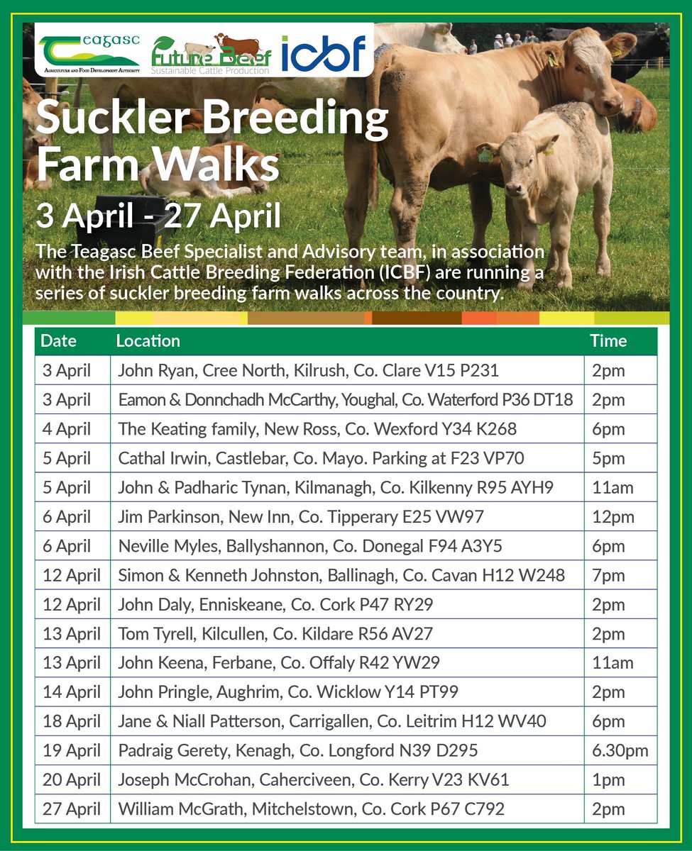 TeagascBeef's tweet photo. Not to be missed. Suckler breeding events across the country covering all things breeding &amp; genetics, as well as the new Suckler Carbon Efficiency Programme. Reps from Teagasc, ICBF, Bord Bia, Sensehub and MooCall will be present https://t.co/Pu4s5jdhRt