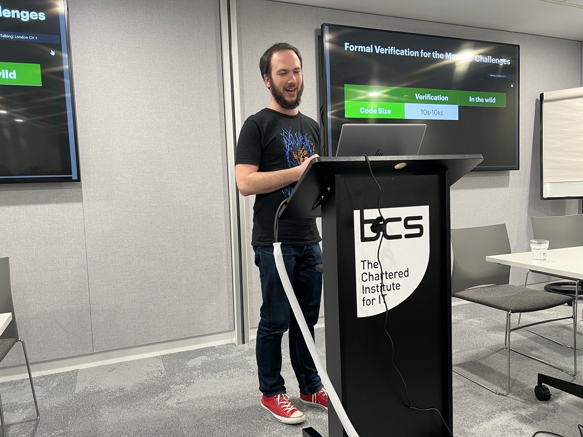 The second afternoon talk of the VeTSS inaugural conference is given by the inimitable Jules Villard on Formal Verification and Bug Finding at Meta. #vetss