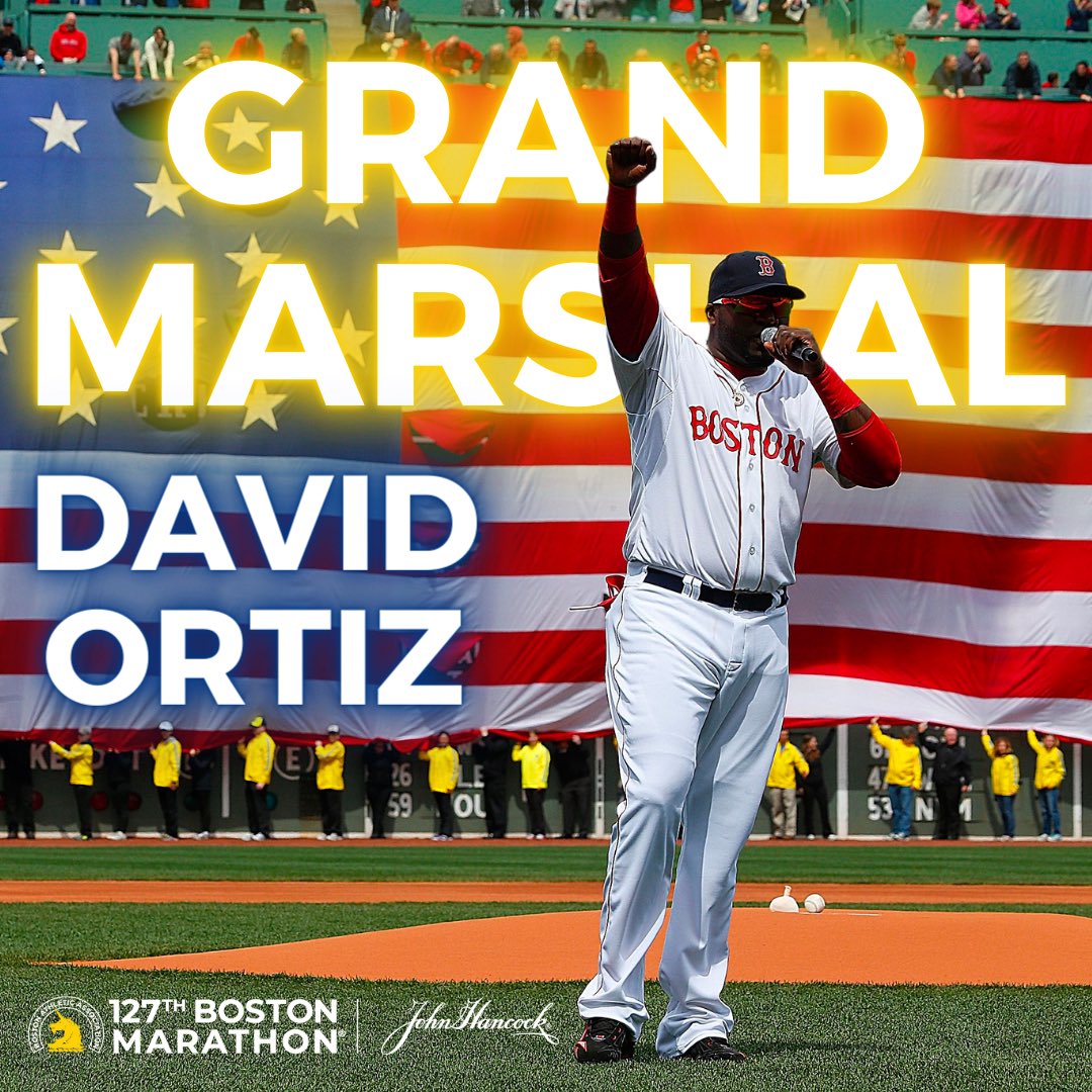 bostonmarathon's tweet photo. 🥁🥁🥁 @BAA is proud to announce that 3-time #WorldSeries champ &amp; @RedSox legend @DavidOrtiz will serve as Grand Marshal for #Boston127!👏

Visit the link below to learn more &amp; view a full schedule of events for race week.⬇️

🔗 https://t.co/QsXS8hupyQ

#Boston127 #oneBOSTON https://t.co/wqWIrToGlz
