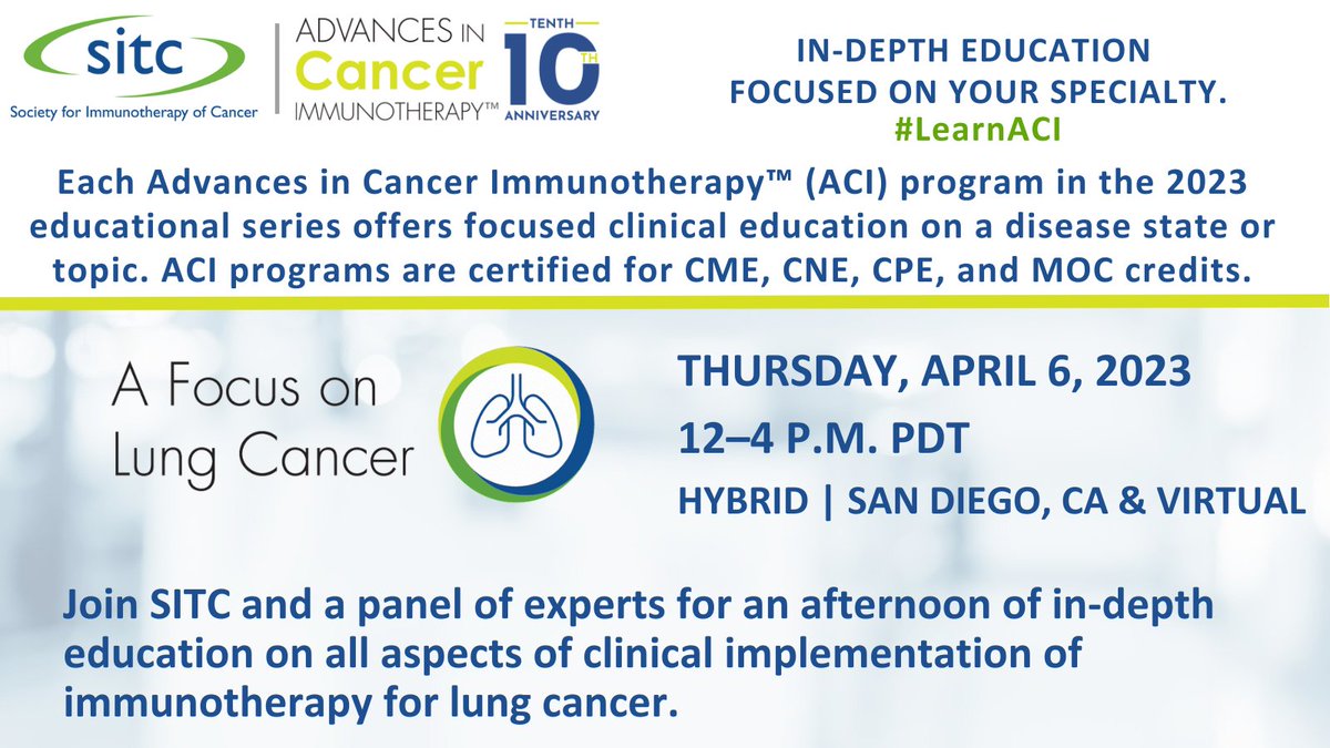 Upcoming #virtual Advances in Cancer Immunotherapy™: A Focus on Lung Cancers on April 6, featuring authorities in cancer immunotherapy. Free for healthcare professionals in a clinical setting. Register now: sitcancer.org/education/aci/… #LearnACI @MNagasaka @PatelOncology