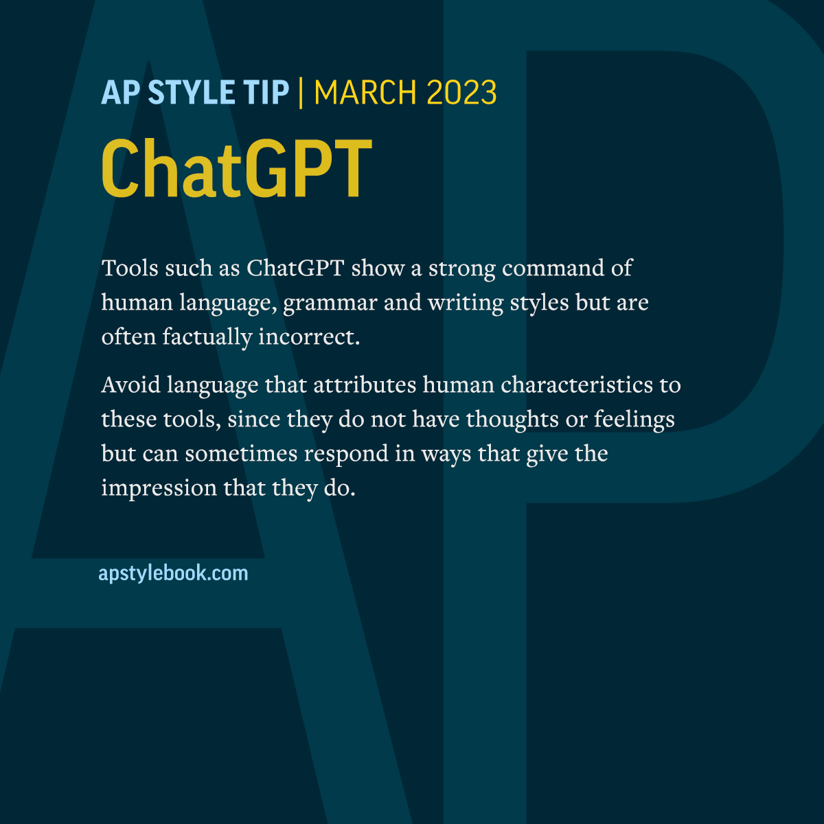 ChatGPT is an artificial intelligence text chatbot made by the company OpenAI that was released as a free web-based tool in late 2022. 
We did not write this style tip with help from ChatGPT.