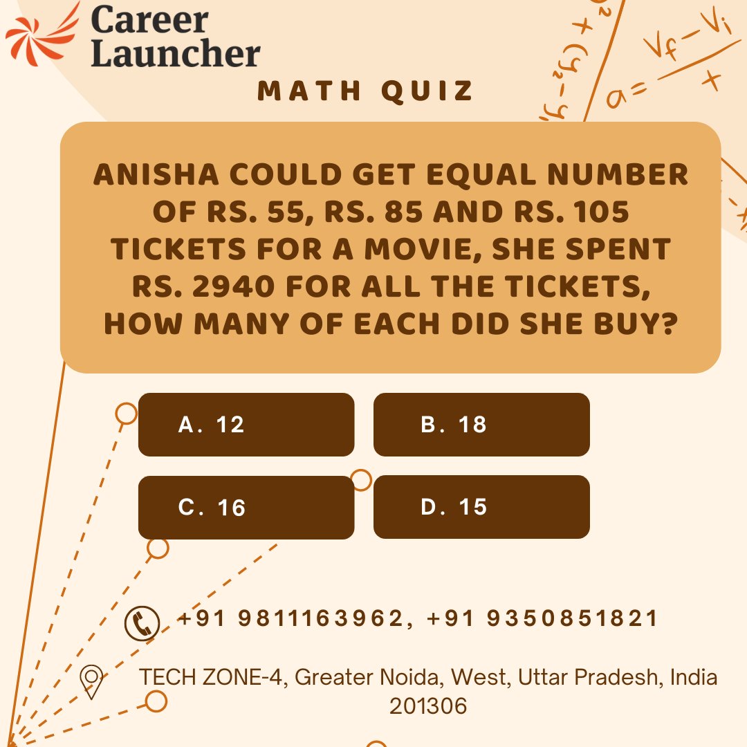 clnoidaext's tweet image. Answer the below question?
👉 a. 12
👉 b. 18
👉 c. 16
👉 d. 15
#mathquiz #mathquizchallenge #careerlauncher #careerlaunchernoidaextension #CUET2023 #cuetpreparation #cuetclasses #cuet2023exam #cuet2023prep #cuet2023coaching #examtime #quizchallenges #careerlauncherstudent