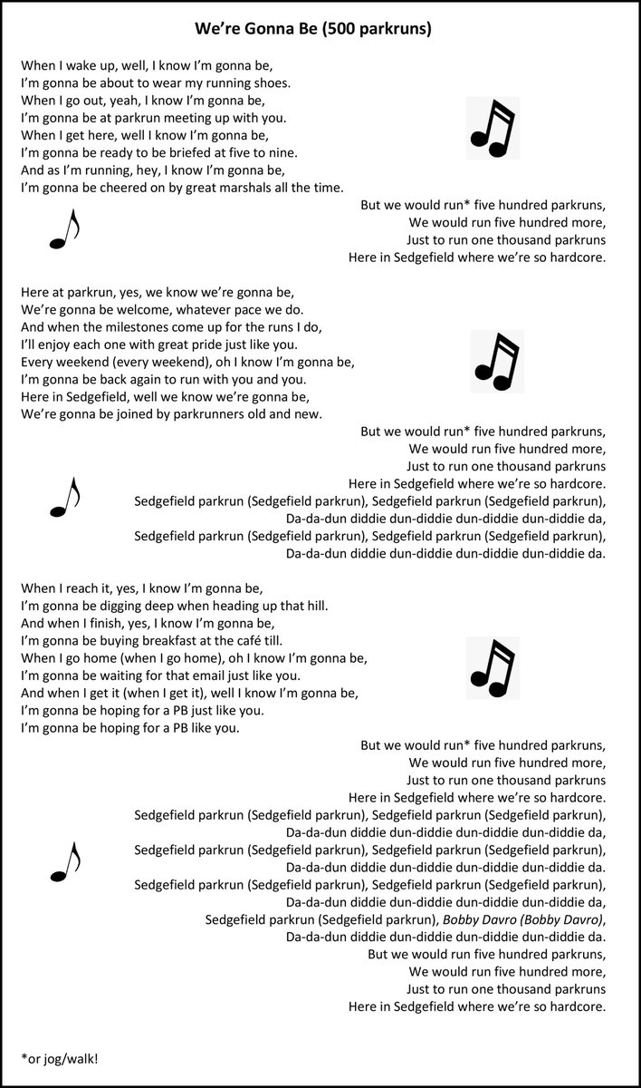 sedgeparkrun's tweet photo. Tomorrow is a major milestone for Sedgefield parkrun, and we all know what that means. Yes, it's time to massacre a popular song once again, and there's only really one choice for that dubious honour. Get your practice in at https://t.co/TlYrG6ufFl.

#loveparkrun https://t.co/H0IVZ0WpQz