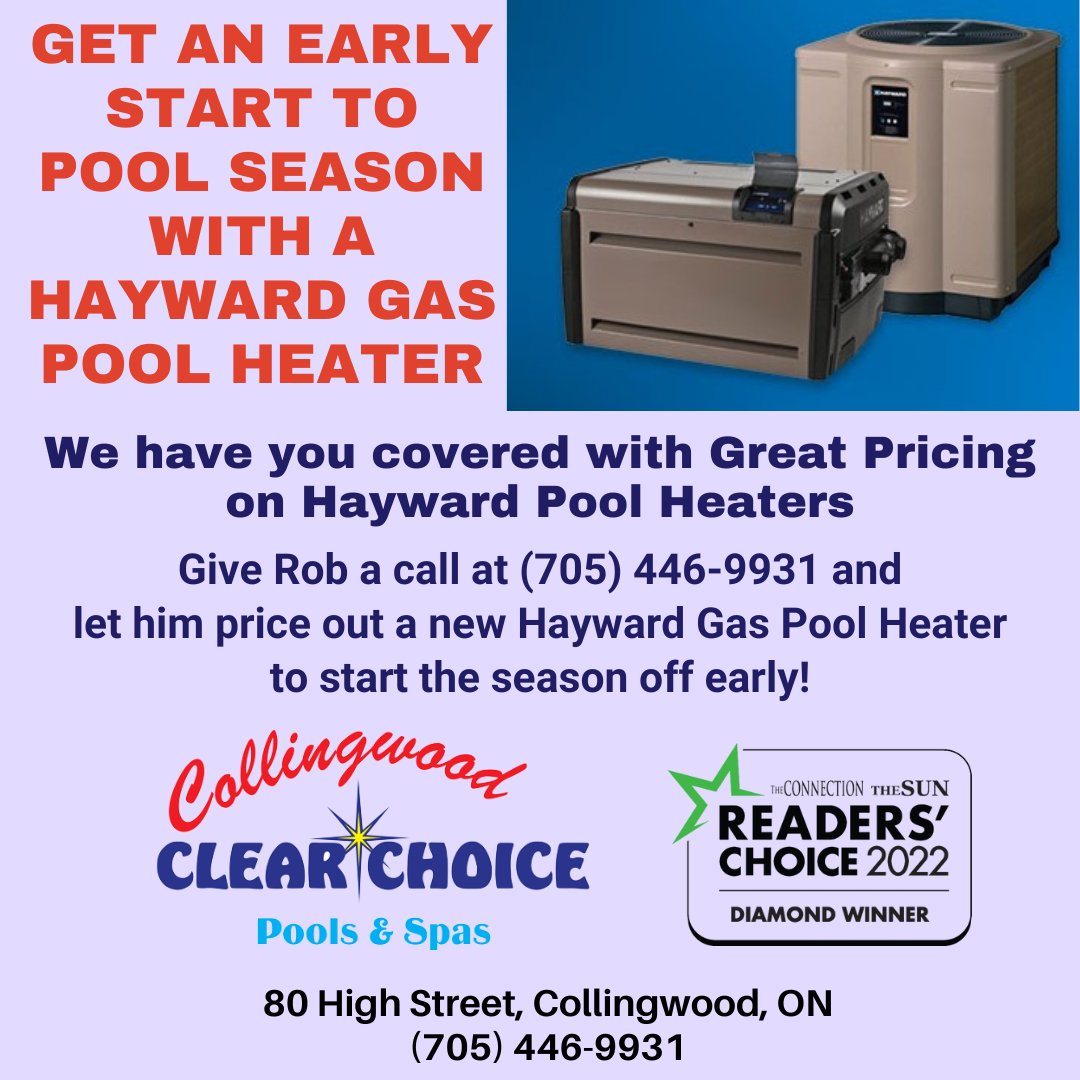 clearchoicecwd's tweet image. Get an early start to pool season with a Hayward Gas Pool Heater.  Give Rob at Collingwood Clear Choice Pools &amp;amp; Spas a call at (705) 446-9931 and let him price out a new Hayward Pool Heater for you.   #HaywardPoolHeaters #CollingwoodClearChoice #PoolHeaters