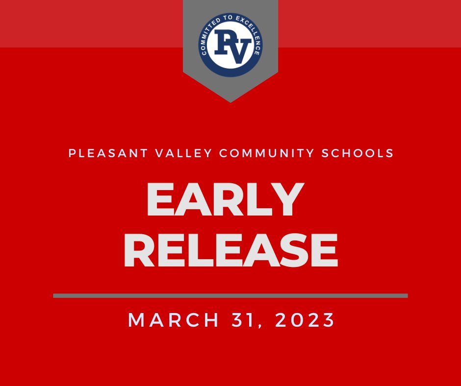EARLY DISMISSAL: PV schools are releasing early today due to forecasted severe weather. Elementary will release at 1:30pm, PVJH at 12:55pm, and PVHS at 12:05. There will be no after school activities, including Y Care and the PVHS play. Stay Safe, Spartans!