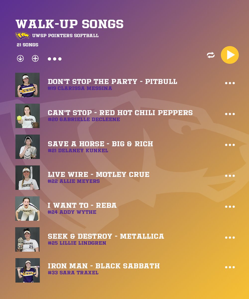 #Team43's walk-up songs this year are 🔥🔥! Here is a sneak peak of our player playlist! Mark those calendars because Pointer Softball home games are coming soon!!
#DawgsUP #BurntheShips