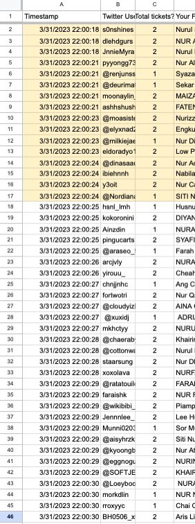 LOVJ8M's tweet photo. Timestamp for #TDS2inKL ⬇️ 

Look at the timestamp, you guys are insane 😭😭😭  The first 30 slots that succeed are highlighted with yellow colour. Thank you so so much everyone! Sorry tak dpt buka banyak. Kalau ada yang backout i akan contact the next second batch later 🥺🙏 https://t.co/T2uZjPRHRp