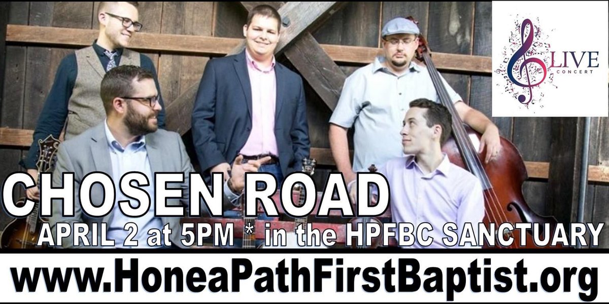 Join us Sunday evening for a Chosen Road concert!! You don't want to miss it!! @ChosenRoad