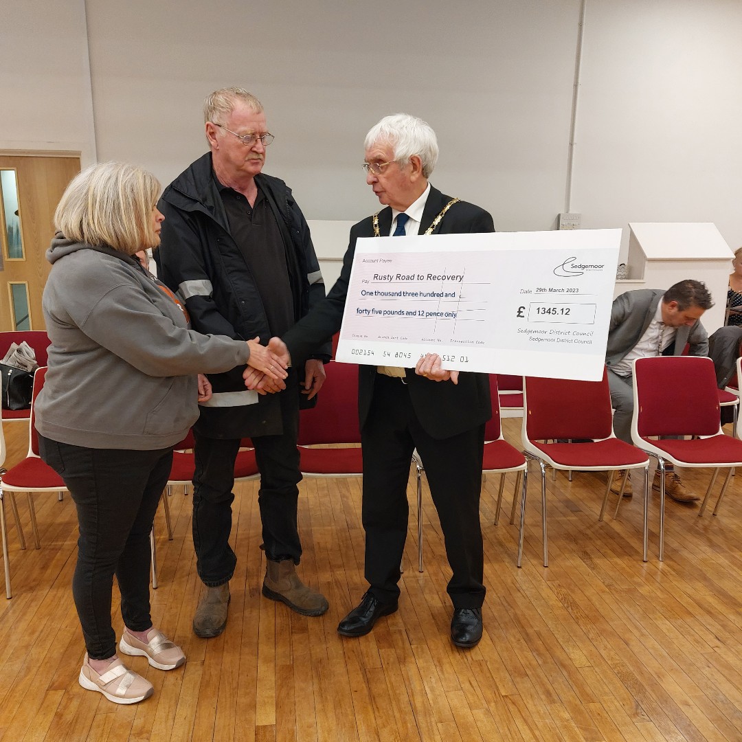 As we move to a Unitary Council for Somerset, the last Chairman of Sedgemoor District Council, Cllr Alan Bradford presented Rusty Road to Recovery a cheque for £1345.12 which was the result of various fundraising events undertaken during his 2 year term #ChairmansCharity