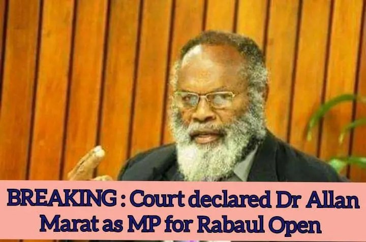 Marat declared 

THE National Court in Kokopo this afternoon handed down its decision in the Election Petition case of Dr Allan Marat, declaring him as the newly elected member for Rabaul Open.