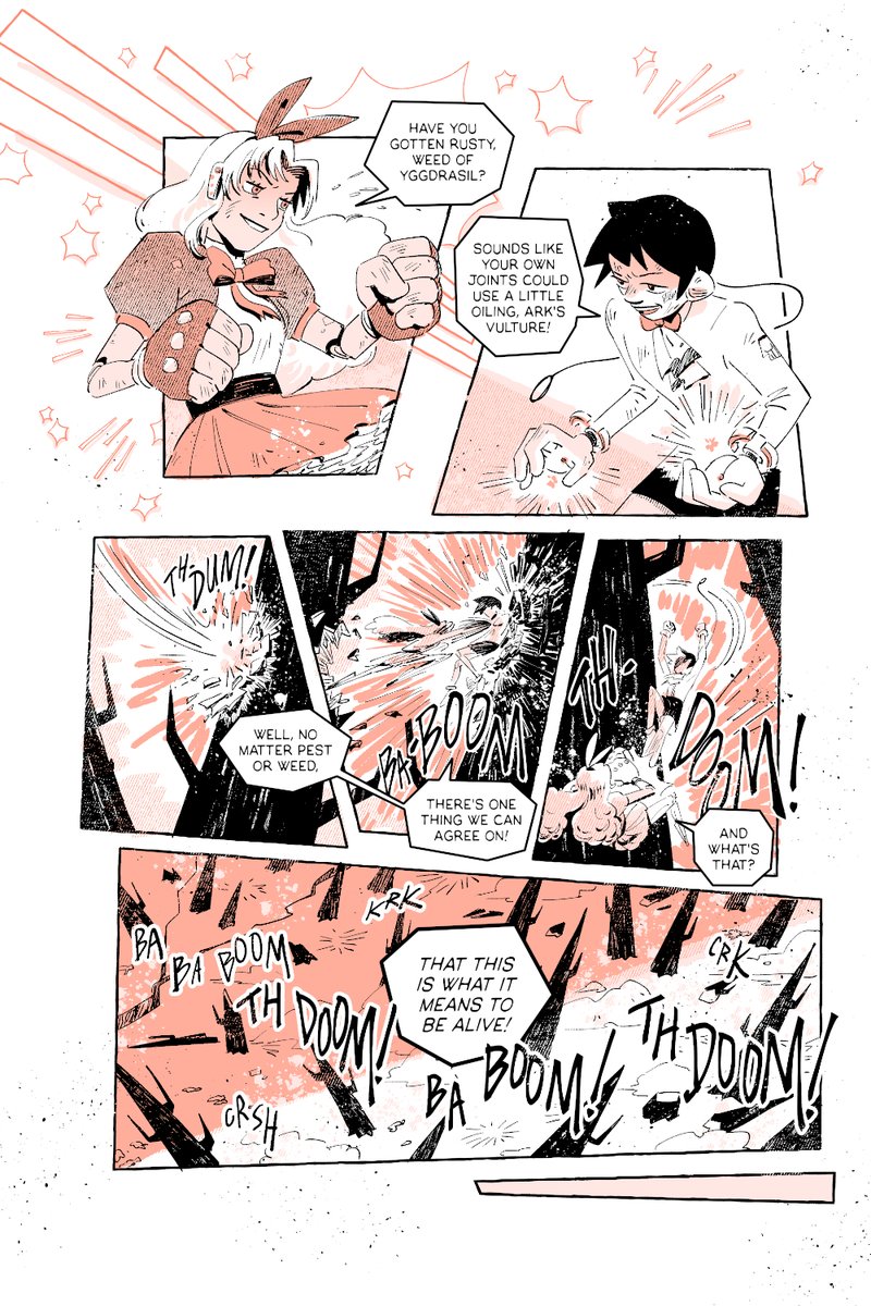 hi everyone! i'm SO excited to announce that 🌩️OF THUNDER AND LIGHTNING⚡️ will be published with <a href="/ssbcpunk/">OLD SPROCKET</a> !! This 80 page, two-tone comic about corporate magical girls and the apocalypse will be out this August. Preorders are up now! ✨