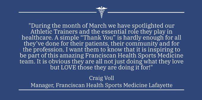 Craig Voll PhD, LAT, ATC, PT (@craigvollatc) on Twitter photo As we come to the end of #NATM2023, I would like to thank the entire Franciscan Health Sports Medicine team for their tireless work and commitment to excellence throughout the year! #FranciscanHealthSportsMedicine
<a href="/MyFranciscan/">Franciscan Health</a> As we come to the end of #NATM2023, I would like to thank the entire Franciscan Health Sports Medicine team for their tireless work and commitment to excellence throughout the year! #FranciscanHealthSportsMedicine
<a href="/MyFranciscan/">Franciscan Health</a>