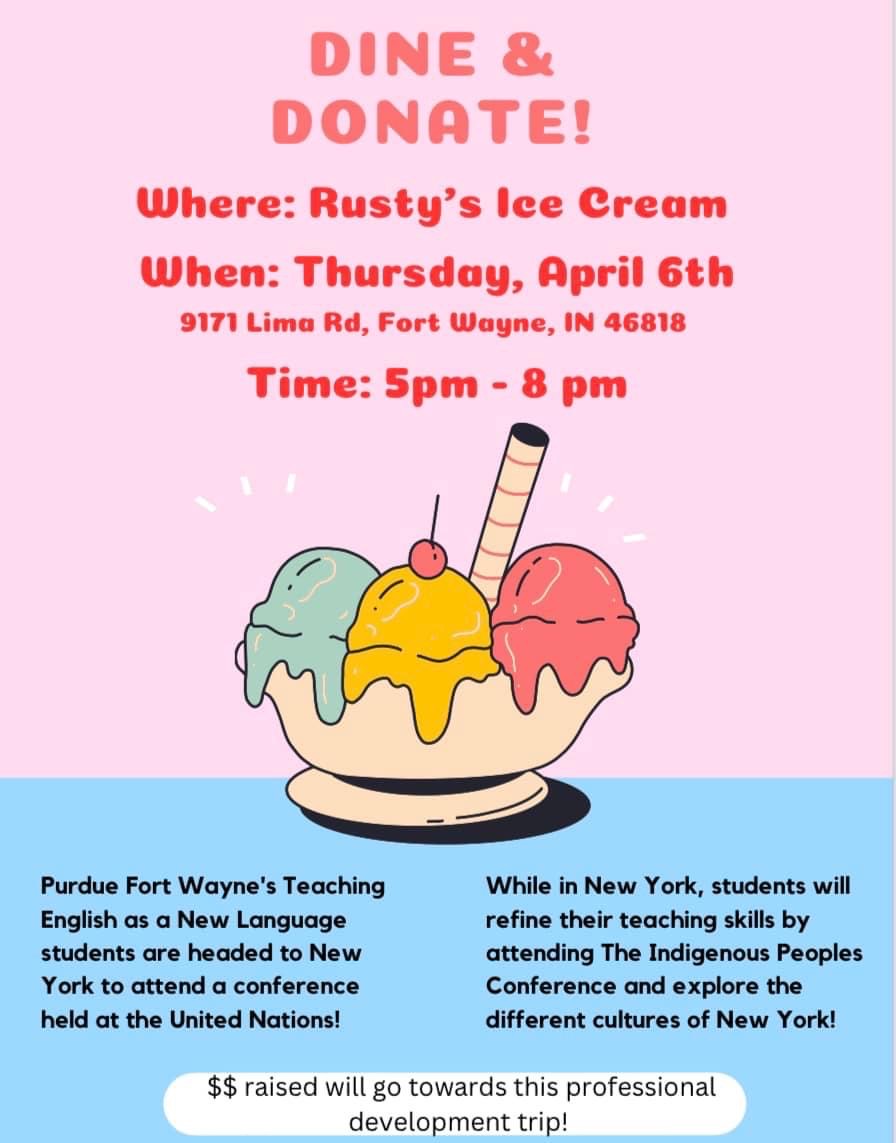 PurdueFWEngLing's tweet photo. The TENL club is hosting a fundraiser on Thursday, April 6 at Rusty's Ice Cream to help fund their trip to New York City in April. 

For questions about their trip, please contact the TENL club: TENL@pfw.edu https://t.co/ultcdKjfb9