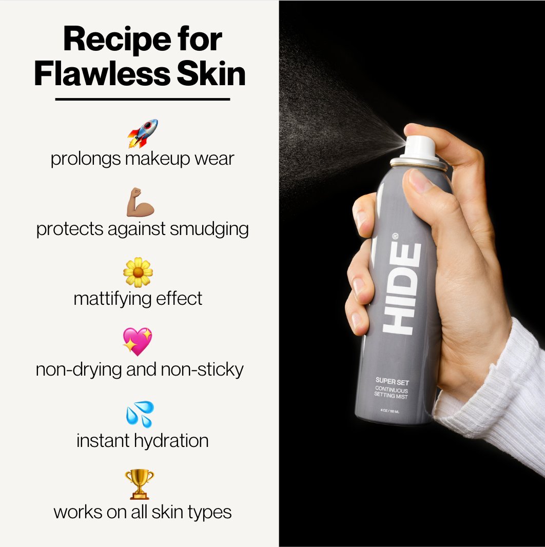 hidecosmetics's tweet photo. Say goodbye to makeup meltdowns and hello to a flawless finish with #SuperSetMist - it's the ultimate secret to long-lasting makeup 💦 https://t.co/UH5OXPAmgj