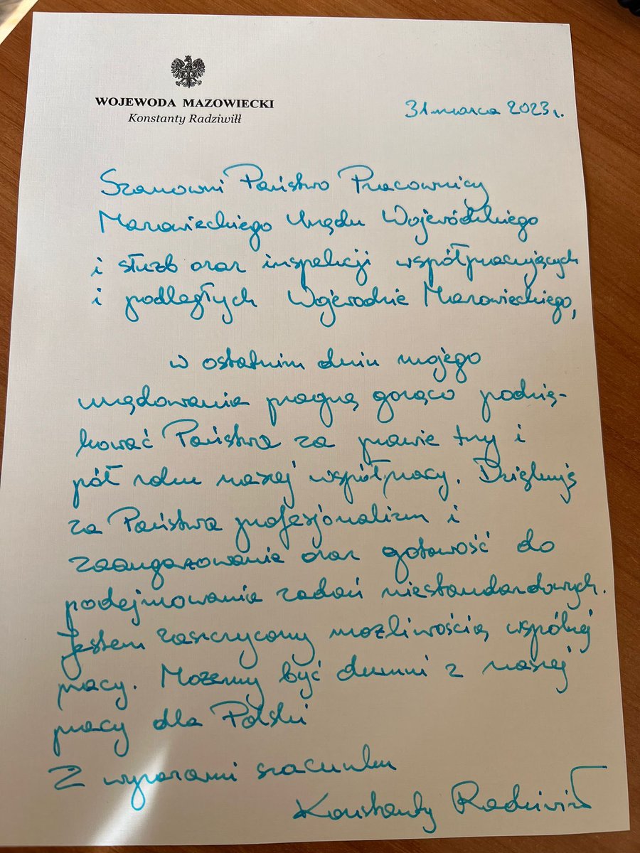 Żegnam się dzisiaj ze wspaniałymi pracownikami Mazowiecki Urząd Wojewódzki z którymi miałem zaszczyt pracować przez trzy u pół roku. 
Dziękuję za wszystko.