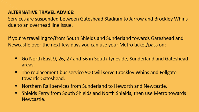 My_Metro's tweet photo. IMPORTANT CUSTOMER INFORMATION

Please see the below image for the latest travel advice for this weekend as services remain suspended between Gateshead Stadium, Brockley Whins &amp; Jarrow. https://t.co/BUMDWCJ6Gp