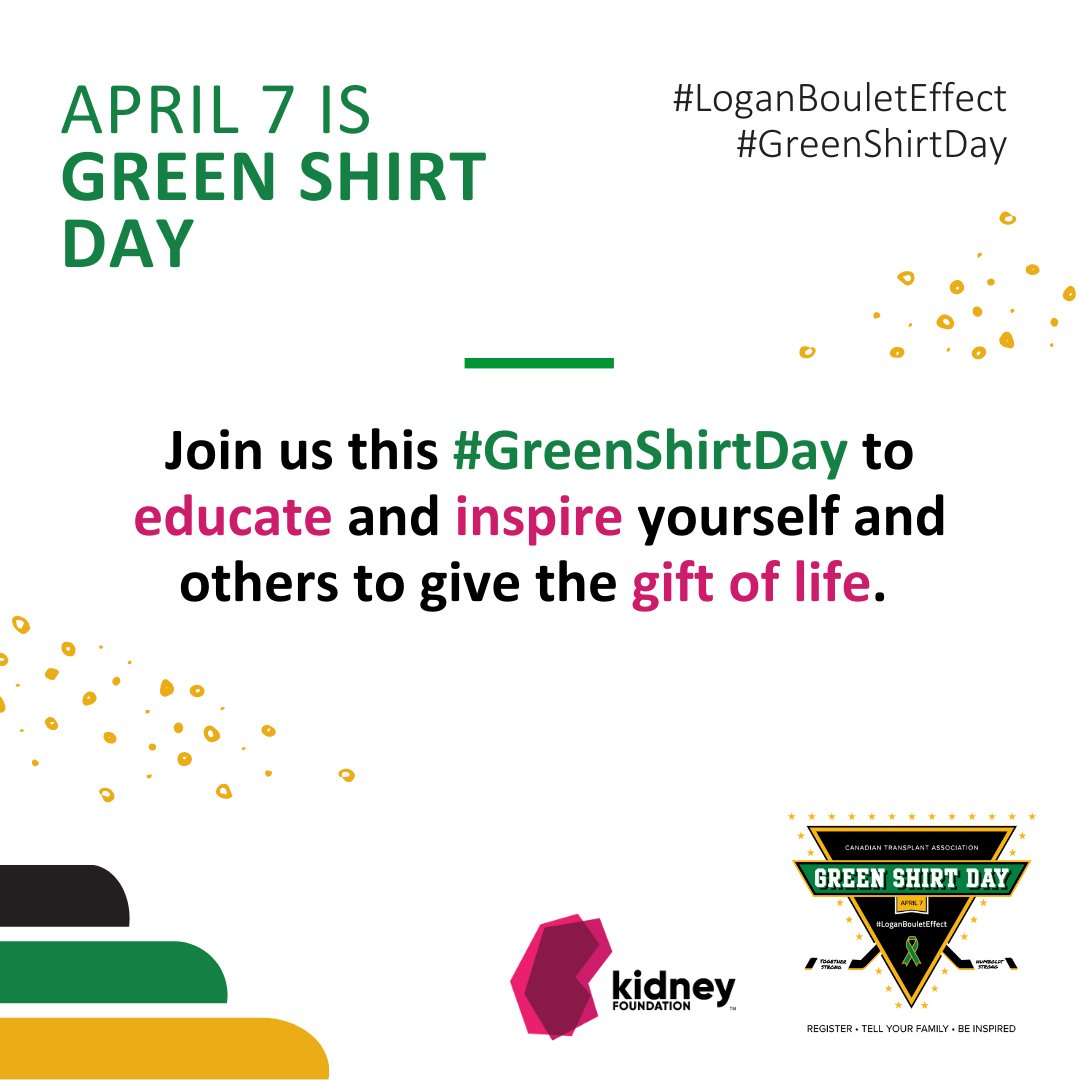 As #GreenShirtDay is coming on April 7, The Kidney Foundation, a proud partner, encourages everyone to join the Canadian organ and tissue donation community in inspiring people to register as #organdonors. Help save lives. Learn more: kidney.ca/News-Media/New…