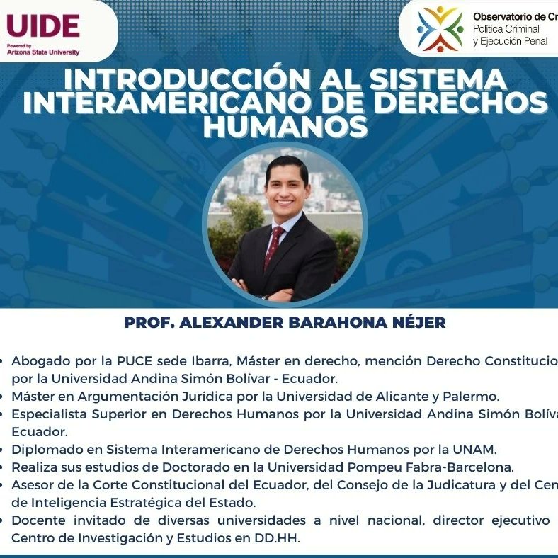 🗣 | Compartimos el formulario de inscripción para el evento: "Introducción al Sistema Interamericano de Derechos Humanos”.

🗓 Lunes 3 de abril de 2033
⏰ 16h00🇪🇨 17h00🇺🇲
💻 Modalidad virtual (ZOOM con cupos limitados)
Inscripción: bit.ly/3LINKm1

Nuestros invitados 👇🏻